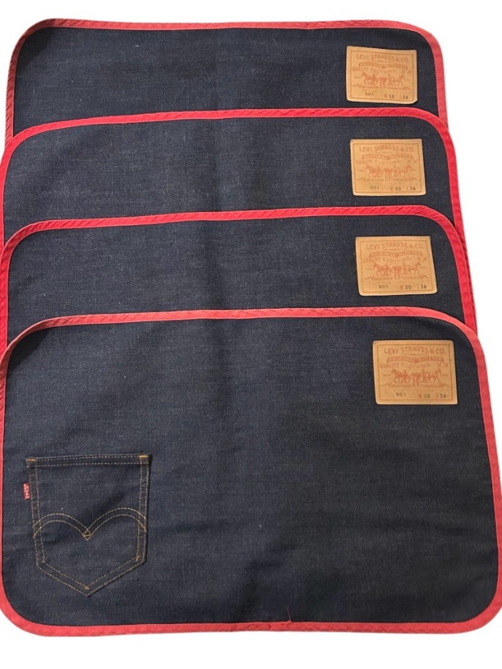 Levi's Navy Denim Placemats  with Red Trim and Tan Leather Patches